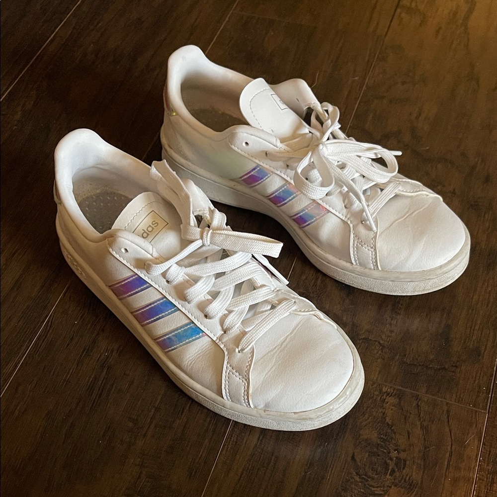 Adidas White Sneakers with Iridescent Stripes